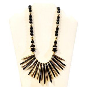 Vintage Mod Statement Fan Fringe Bib Style Necklace Black Gold Acrylic Beads
